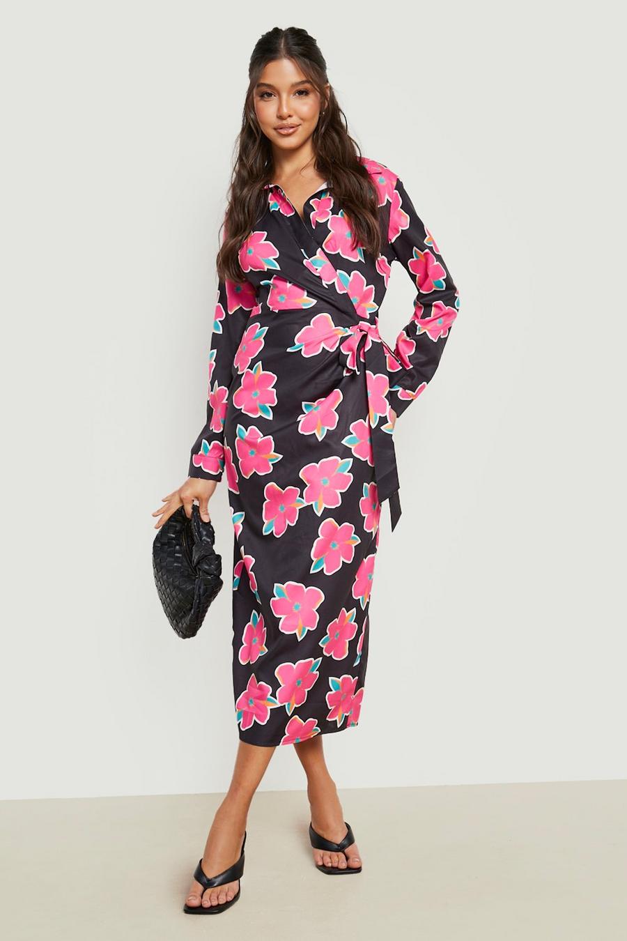 Black Bold Floral Wrap Midaxi Dress image number 1