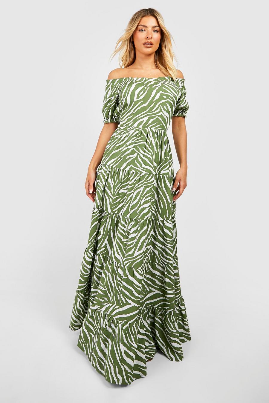 Green שמלת מקסי מדורגת עם הדפס זברה image number 1