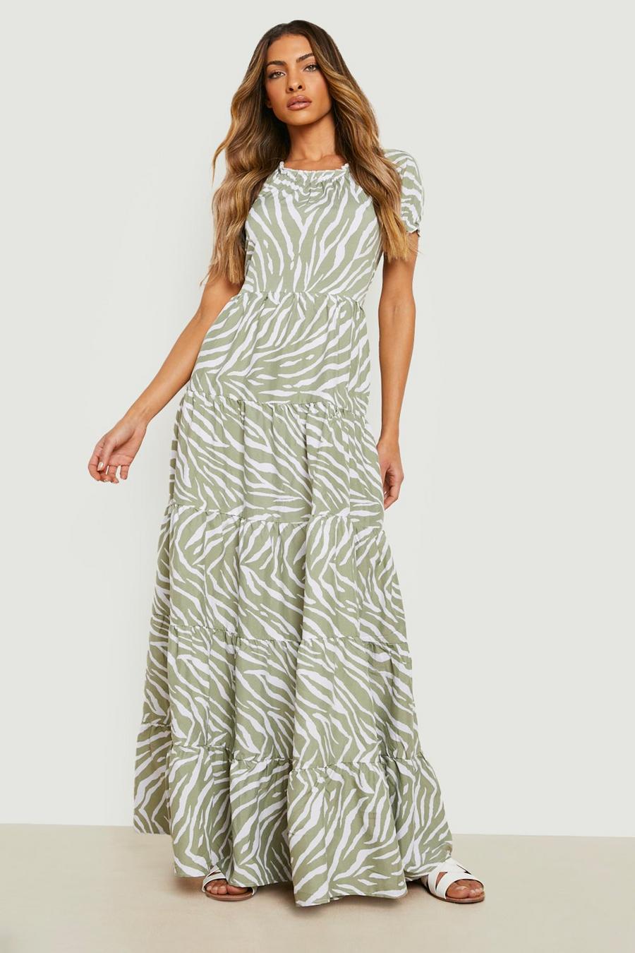Khaki Zebra Tiered Maxi Dress