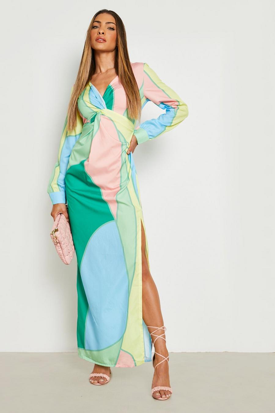 Green Abstract Twist Front Maxi Dress