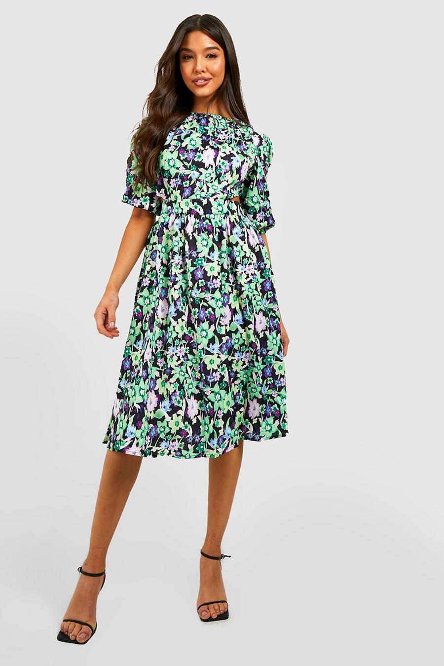 Green Floral Puff Sleeve Cut Out Midi Dress image number 1