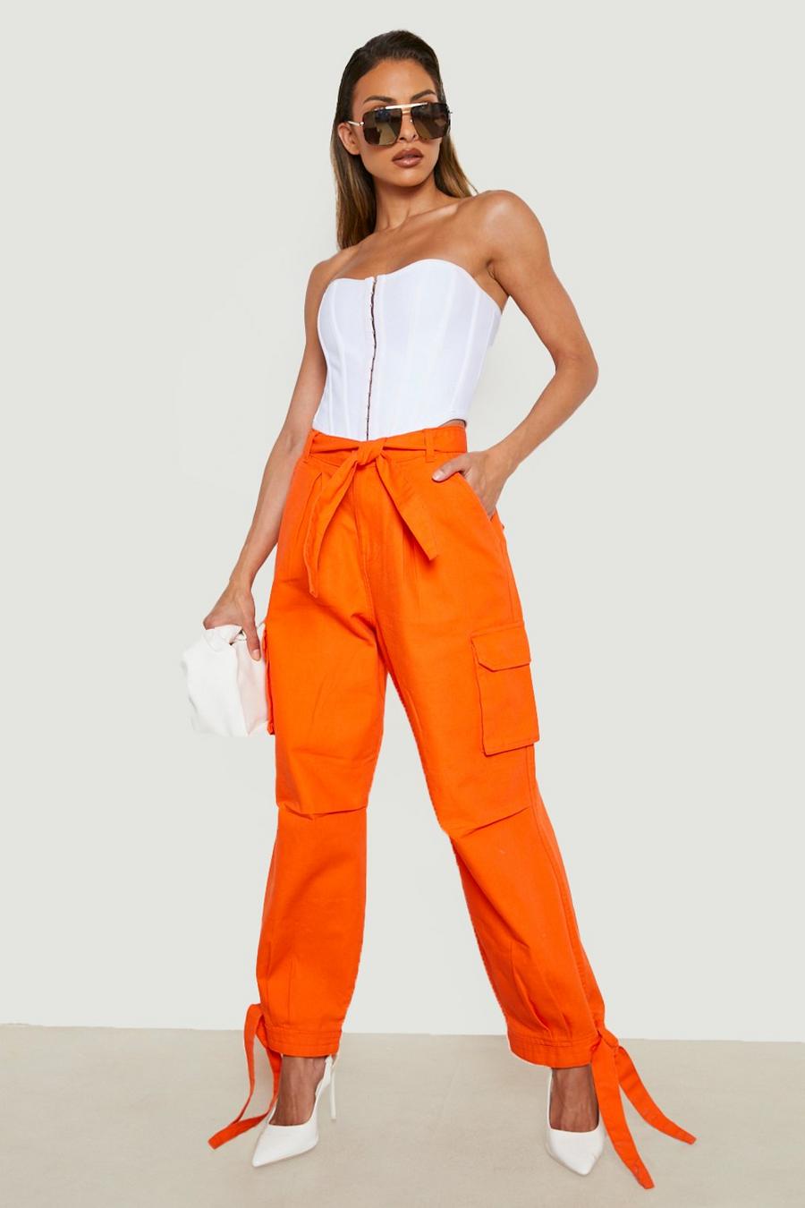 Orange Tie Hem Slim Fit Cargo Trousers image number 1