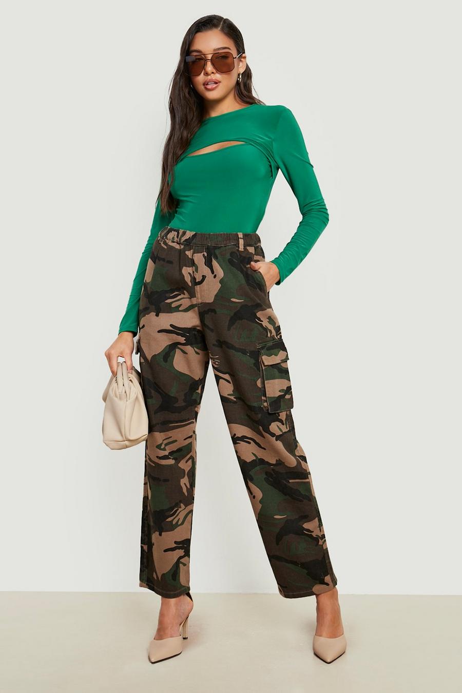 Pantalon cargo à imprimé camouflage, Khaki kaki