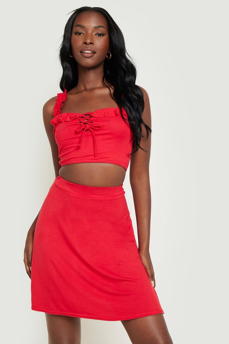 Red Ruffle Strap Tie Front Crop & Flippy Skirt image number 1