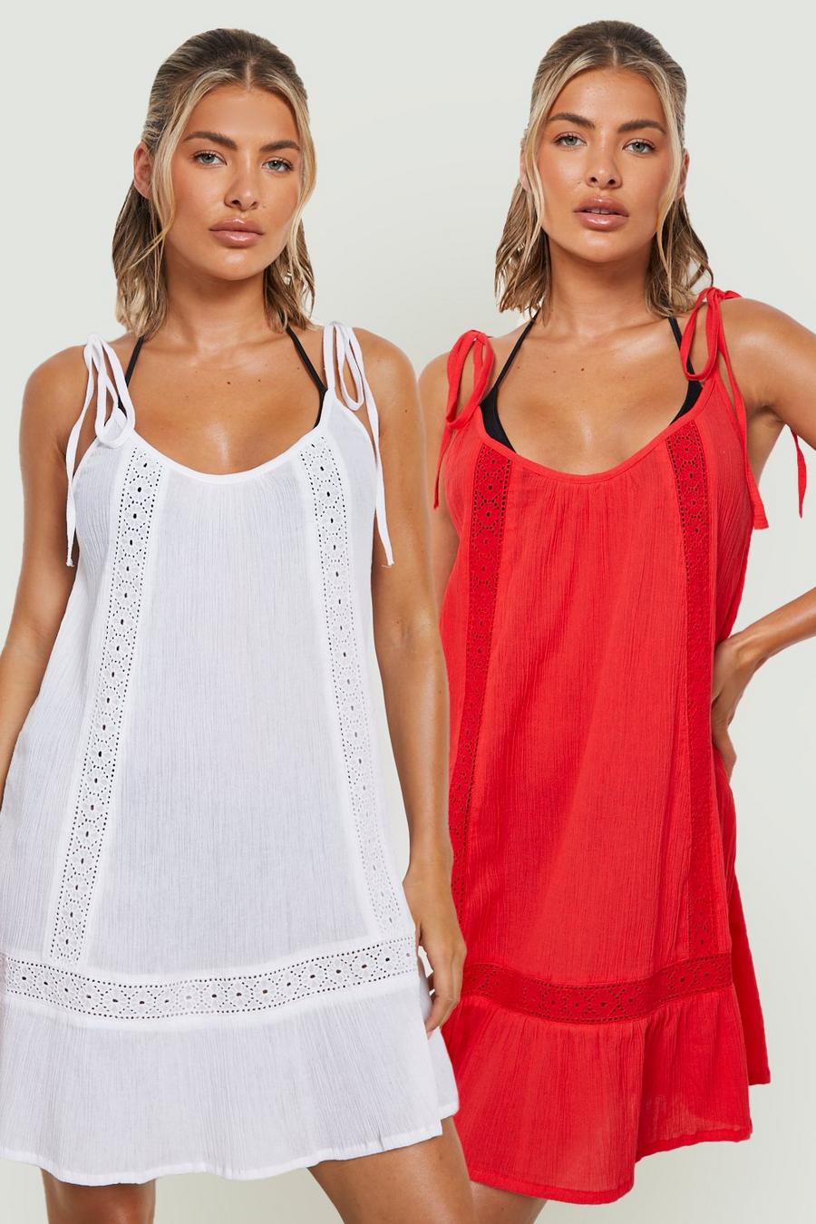 Red 2 Pack Embroidered Cheesecloth Beach Dress image number 1