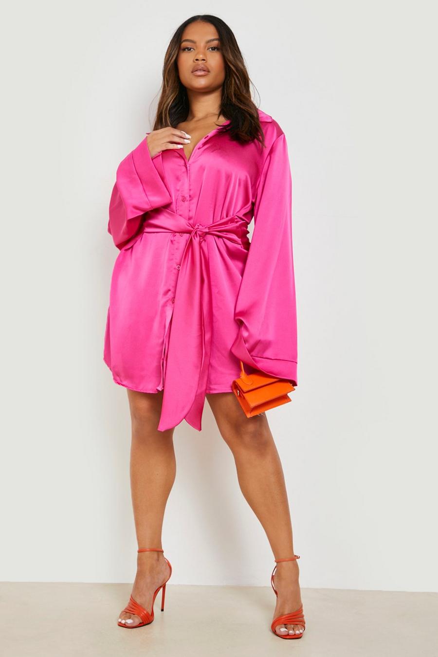 Hot pink Plus Satin Wrap Shirt Dress