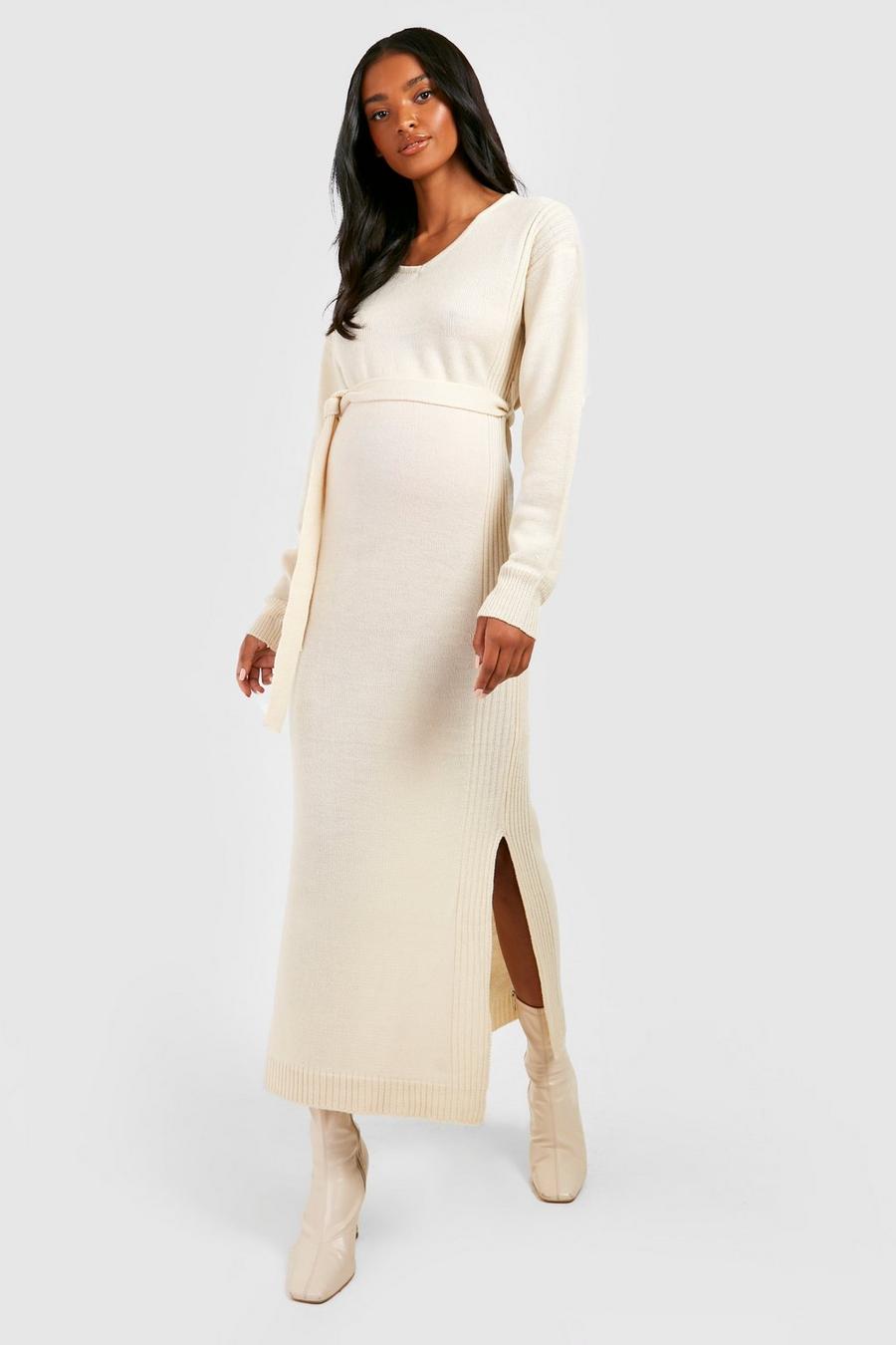 Oatmeal beige Maternity Knitted Split Midaxi Dress