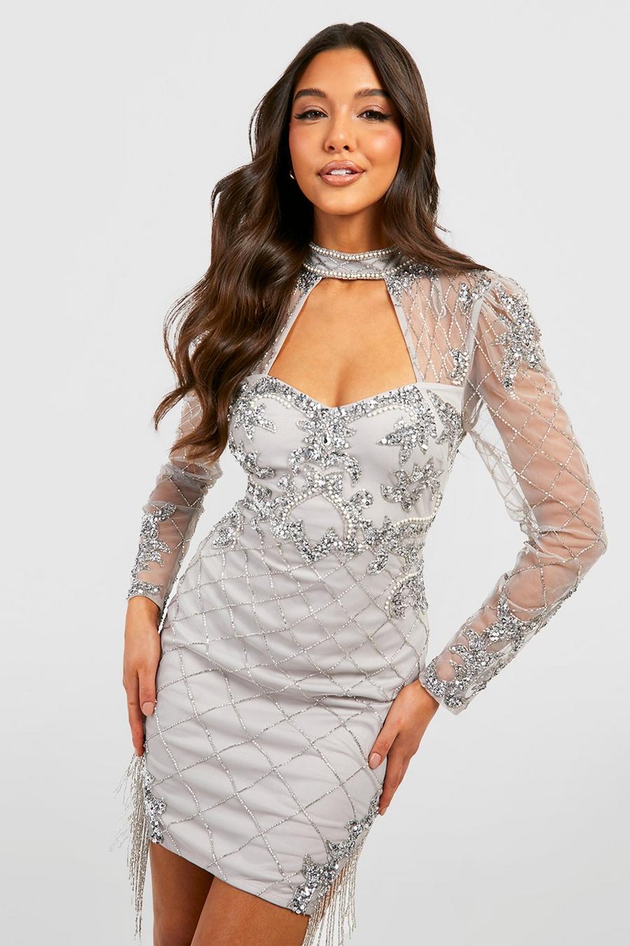 Silver Boutique Hand Beaded Tassel Mini Dress image number 1