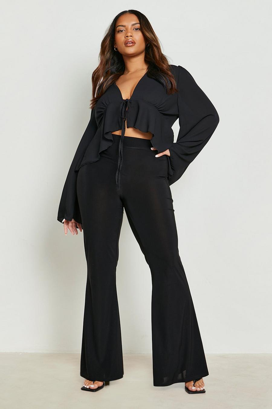 Black Plus Slinky Ruched Bum Flare Pants image number 1