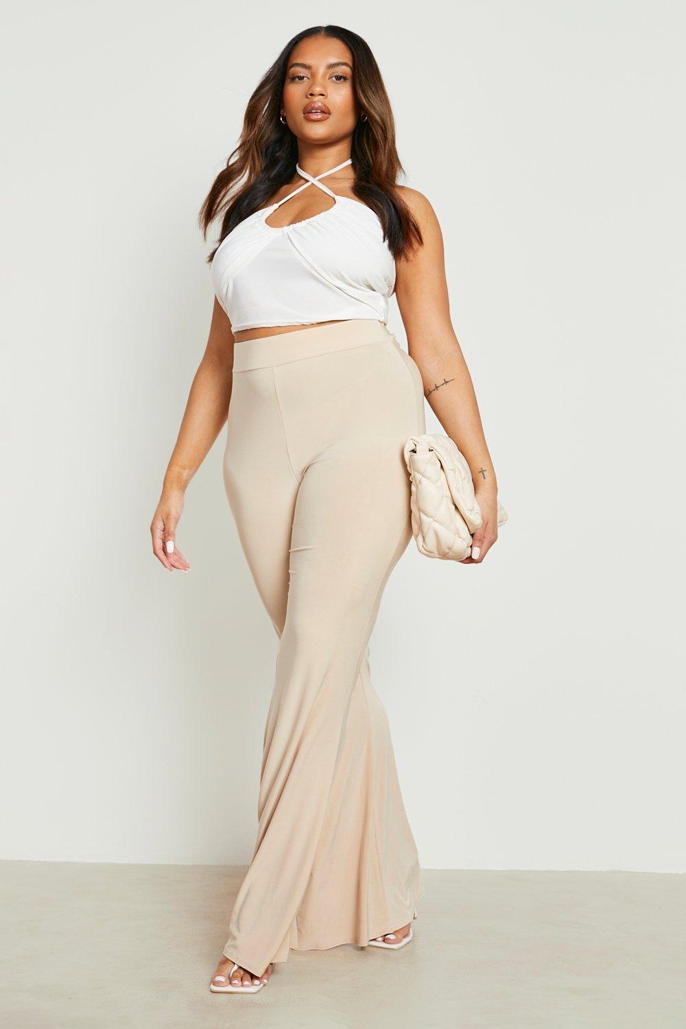 Buy Boohoo Crinkle Rib Thick Waistband Flare Pants In Beige