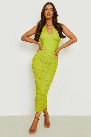 Green Bandage Ruched Bodice Midi Dress