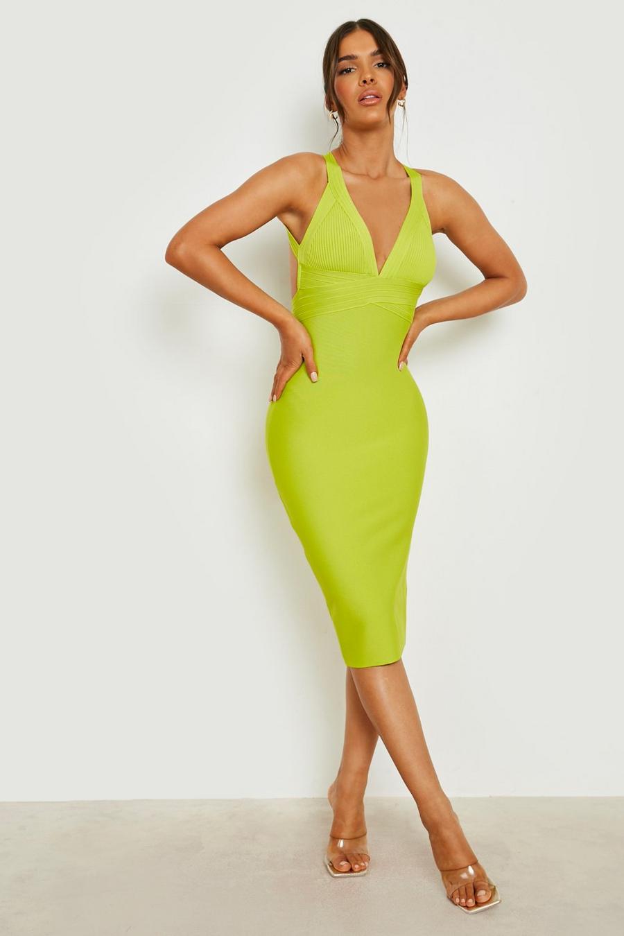 Apple green vert Bandage Plunge Midi Dress