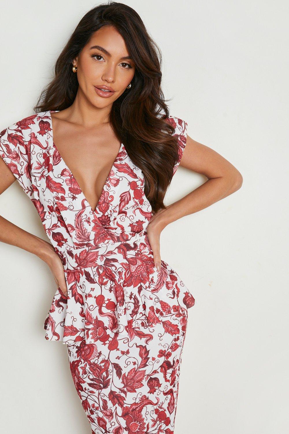 Baroque Peplum Plunge Midi Dress