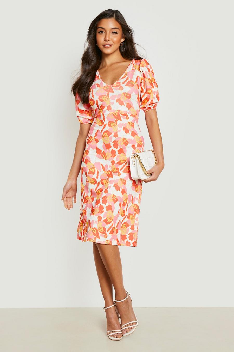 Orange Floral Puff Sleeve Midi Dress