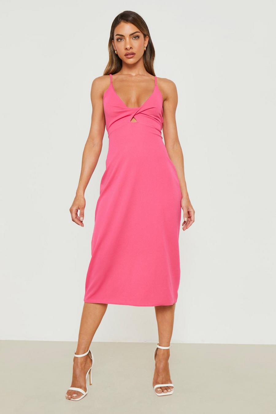 Hot pink Knälång klänning med tvinnad detalj