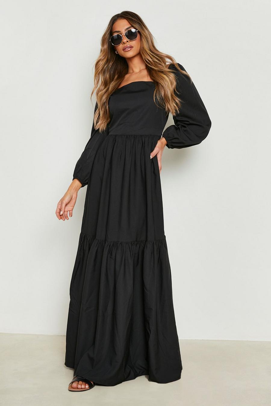 Black Puff Sleeve Tiered Maxi Dress  image number 1
