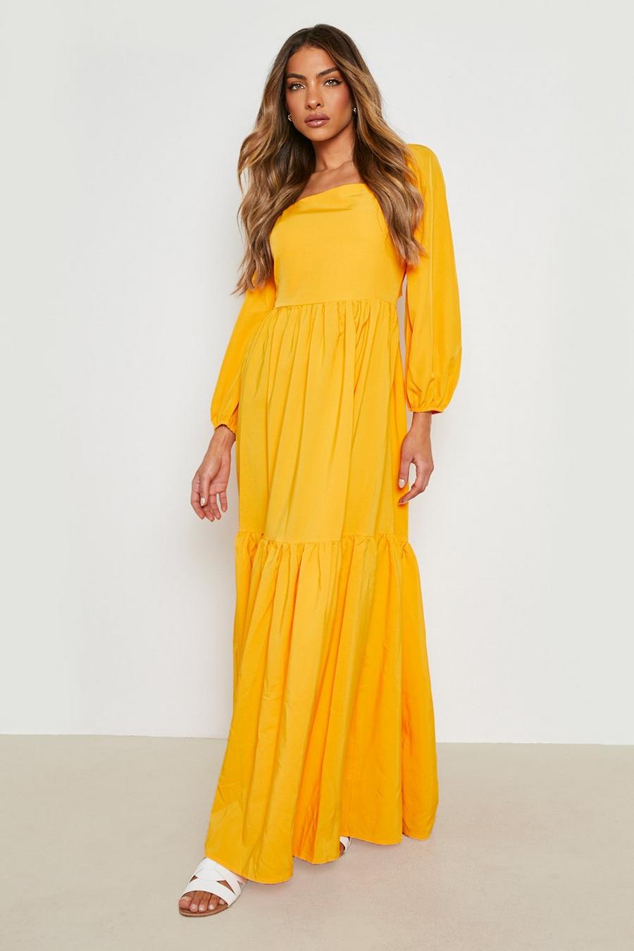 Mustard yellow Puff Sleeve Tiered Maxi Dress 