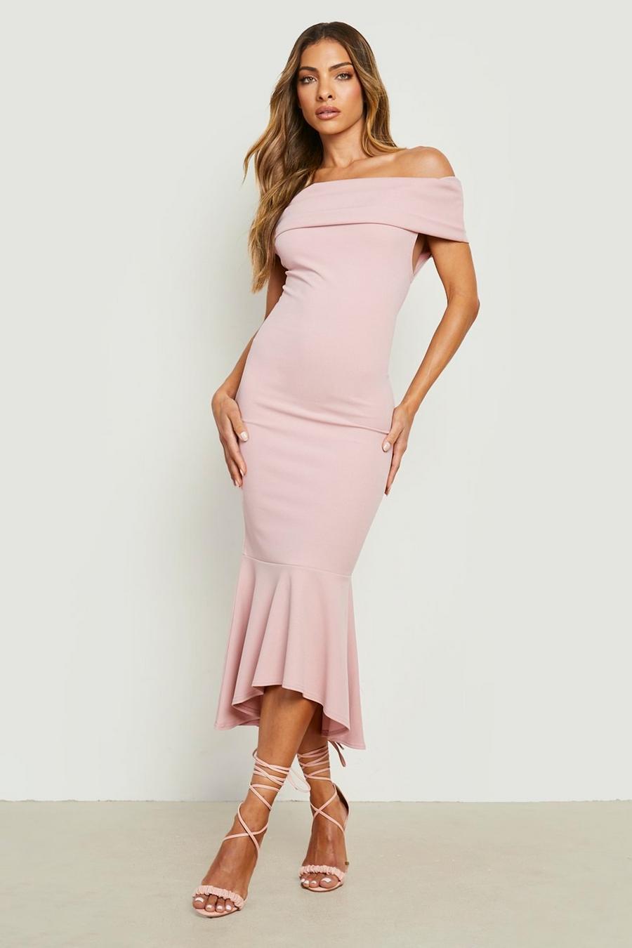 Blush pink Off The Shoulder Peplum Midi Dress image number 1