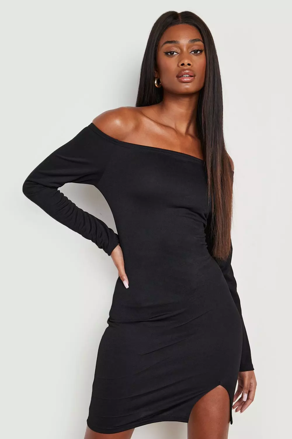 Boohoo black shop off shoulder dress