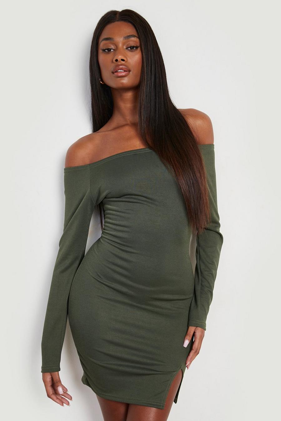Green olive Basic Off The Shoulder Bodycon Dress image number 1