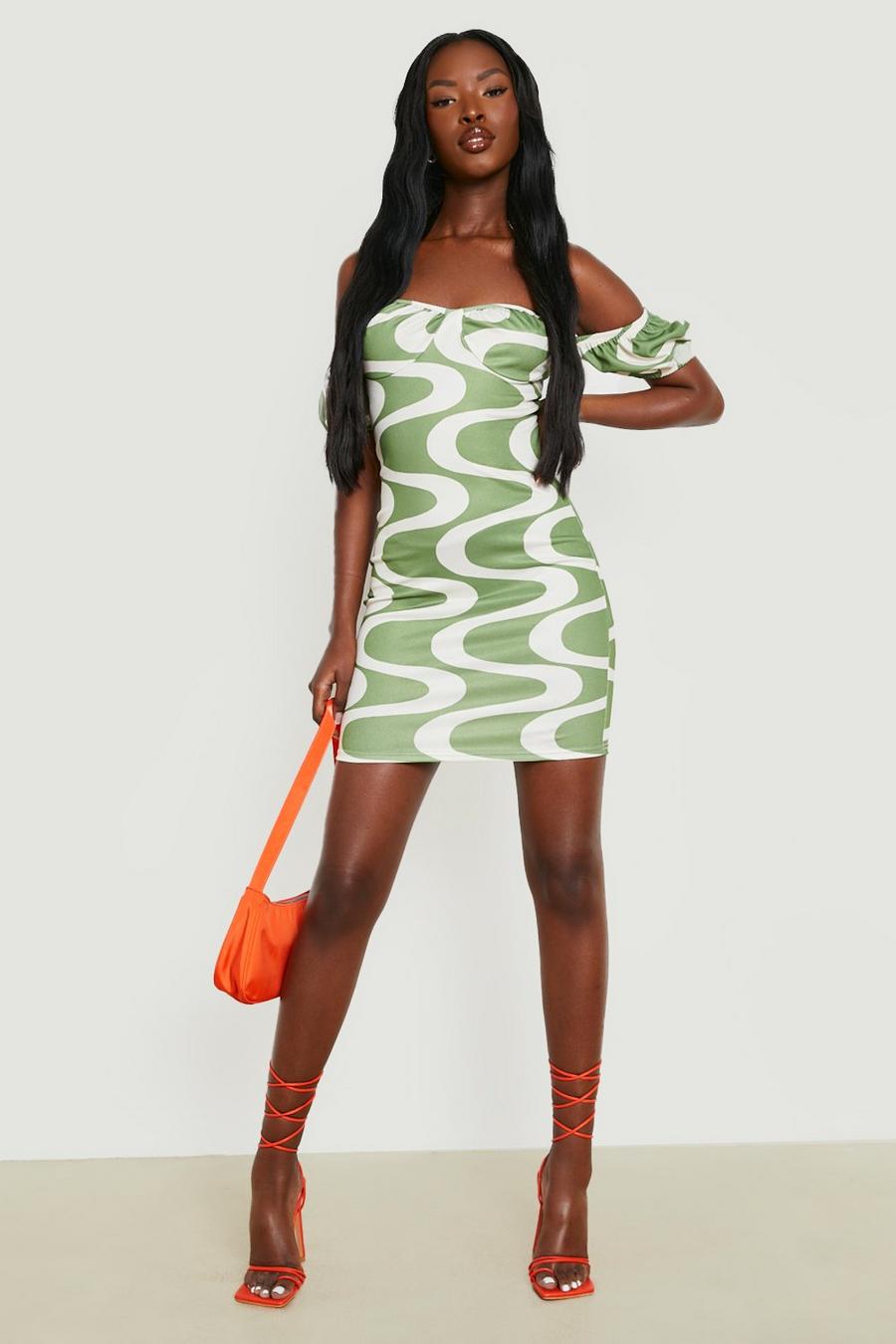 Schulterfreies Kleid mit Print, Green olive image number 1