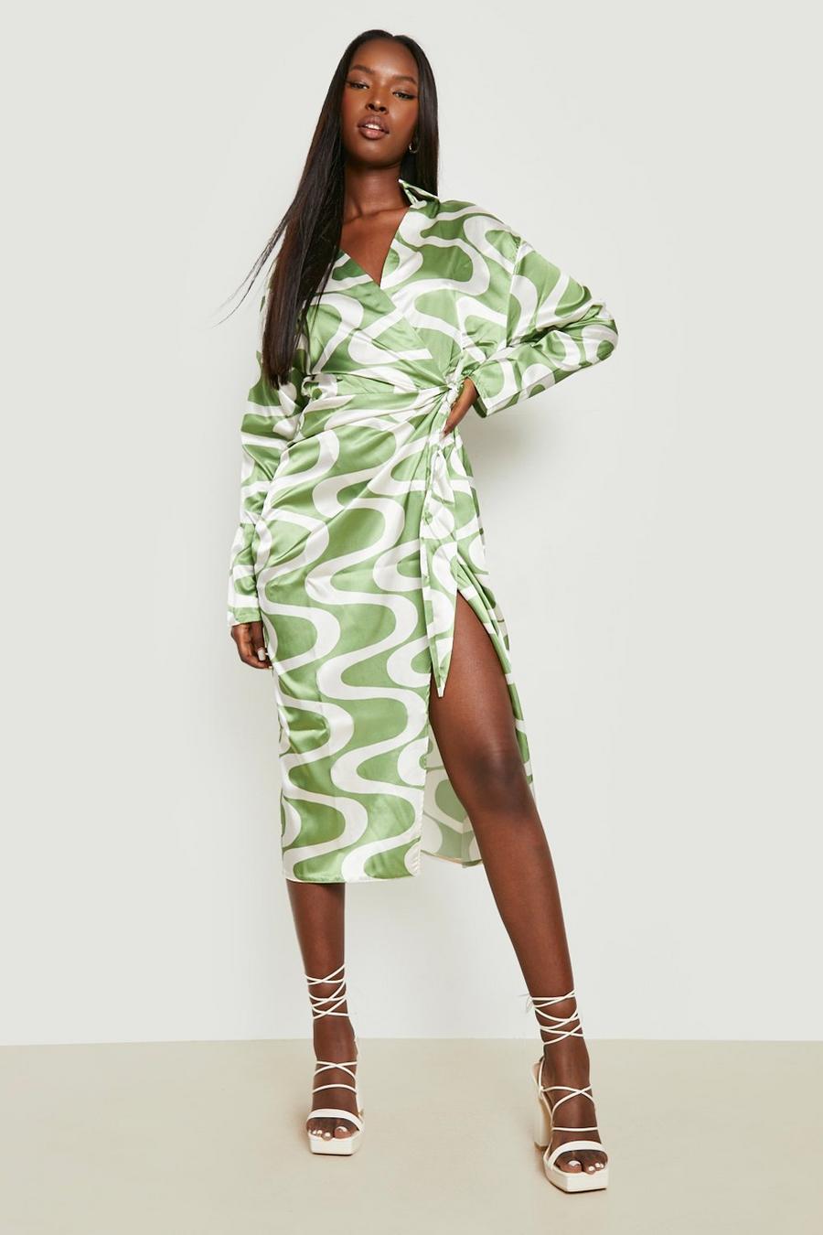 Green olive Wave Printed Satin Wrap Midi Dress  image number 1