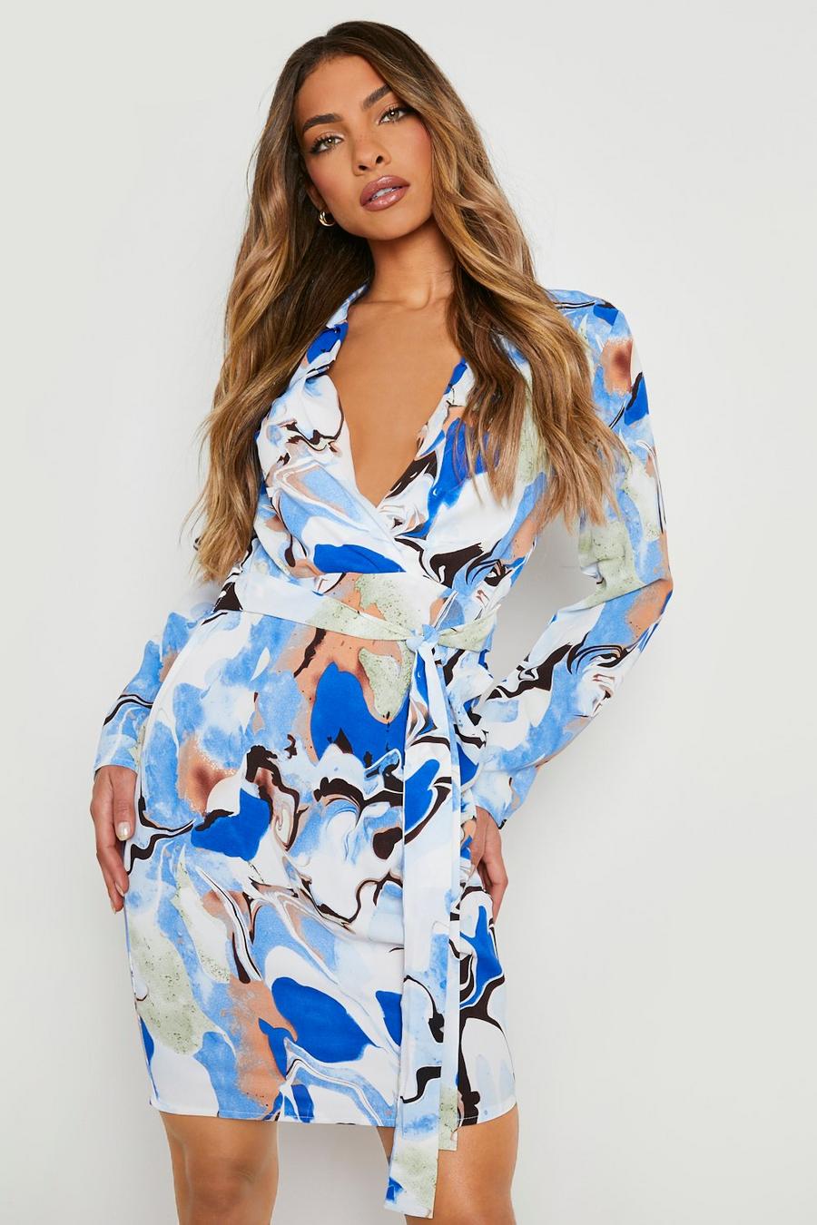 Satin Hemd-Kleid mit Marmor-Print, Blue