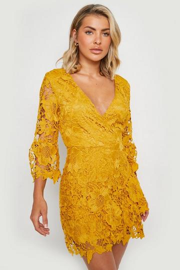 Crochet Lace Wrap Dress mustard