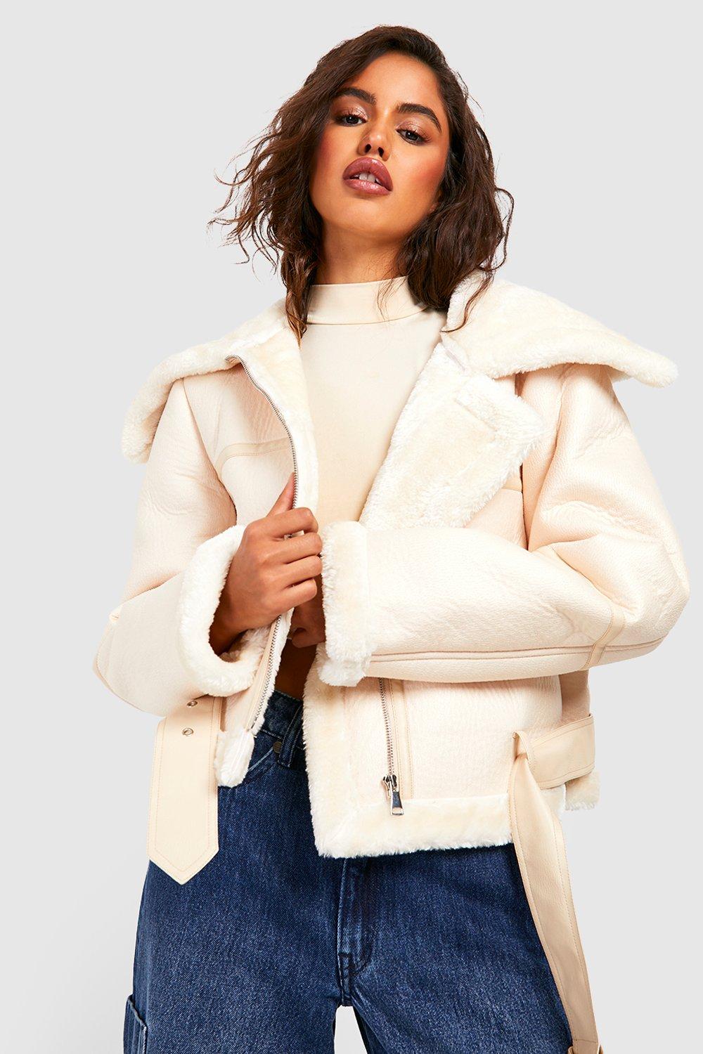 Cream Leather Jackets boohoo UK