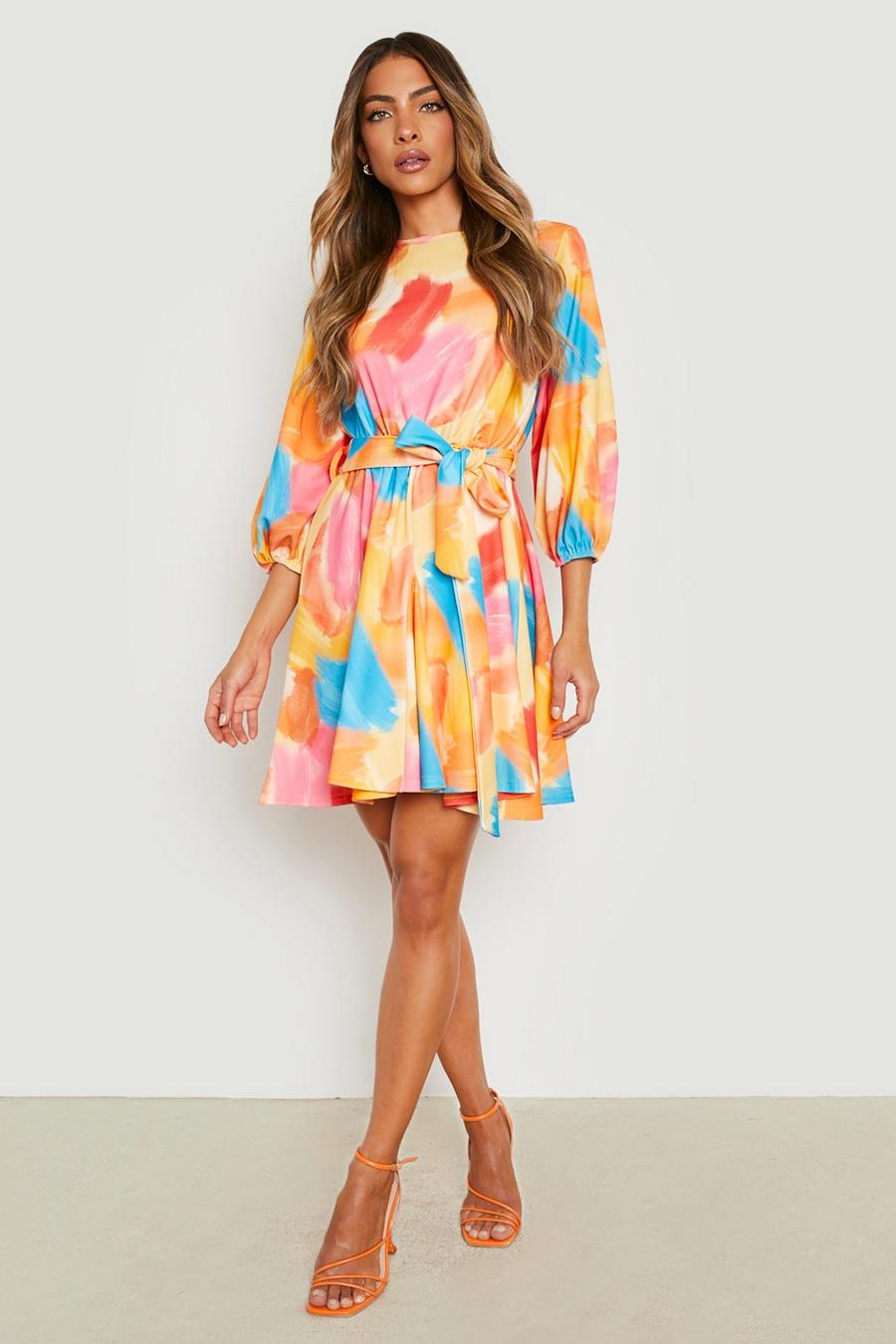 מולטי שמלת סקייטר מבד סקובה קרפ עם חגורה והדפס מערבולת image number 1
