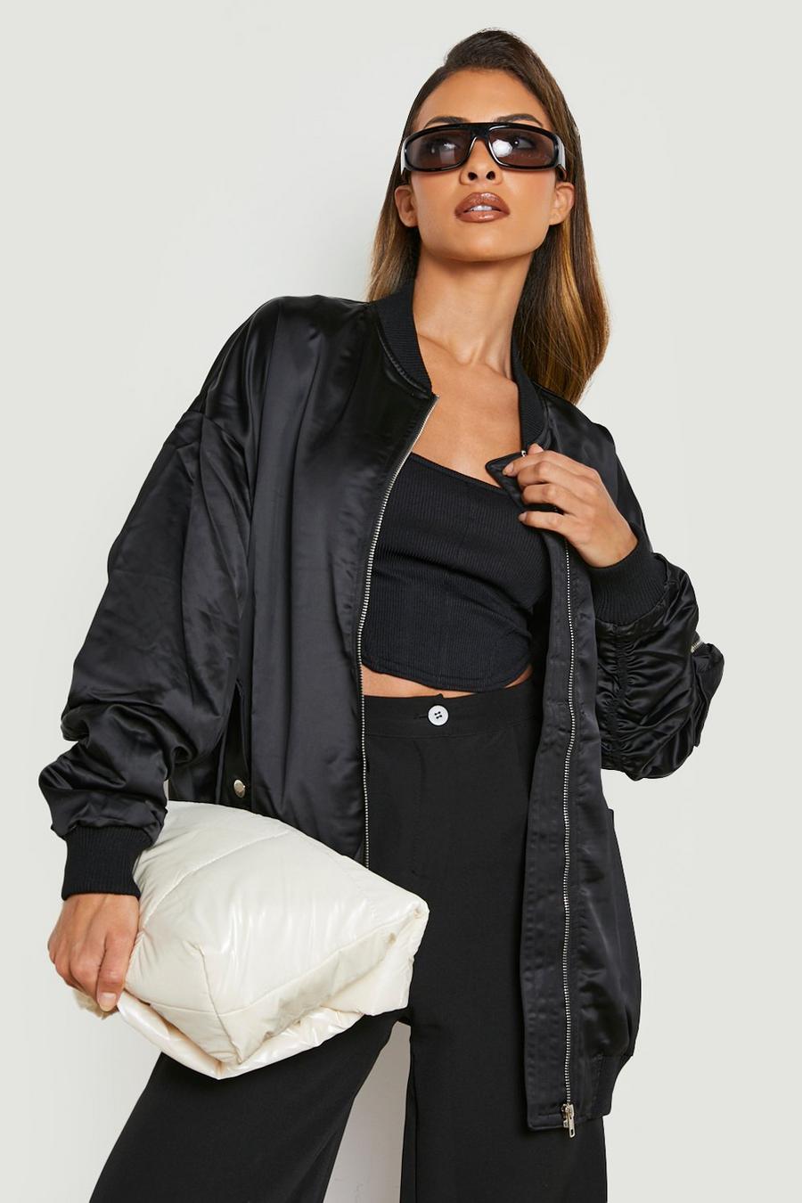 Black Premium Oversized Satin Bomber Jacket image number 1