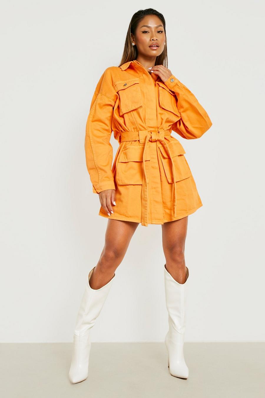 Vestido estilo camisa chaqueta con bolsillos utilitarios Premium (hasta talla 52), Orange naranja
