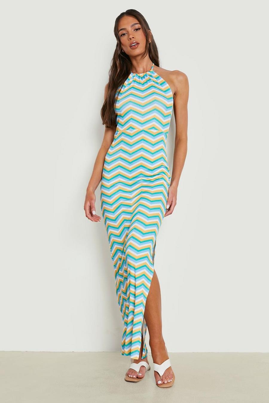 Blue Stripe Rib Halterneck Maxi Dress 