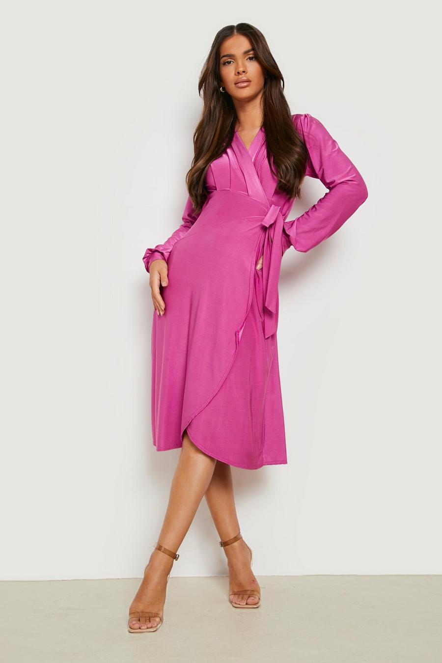Hot pink Slinky Ruffle Wrap Midi Dress image number 1