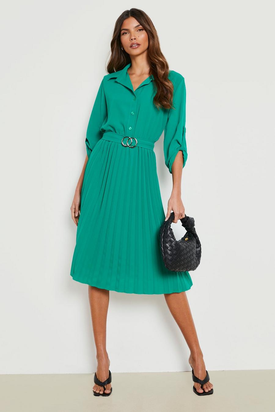 Bright green grön Belted Pleated Midi Shirt Dress image number 1