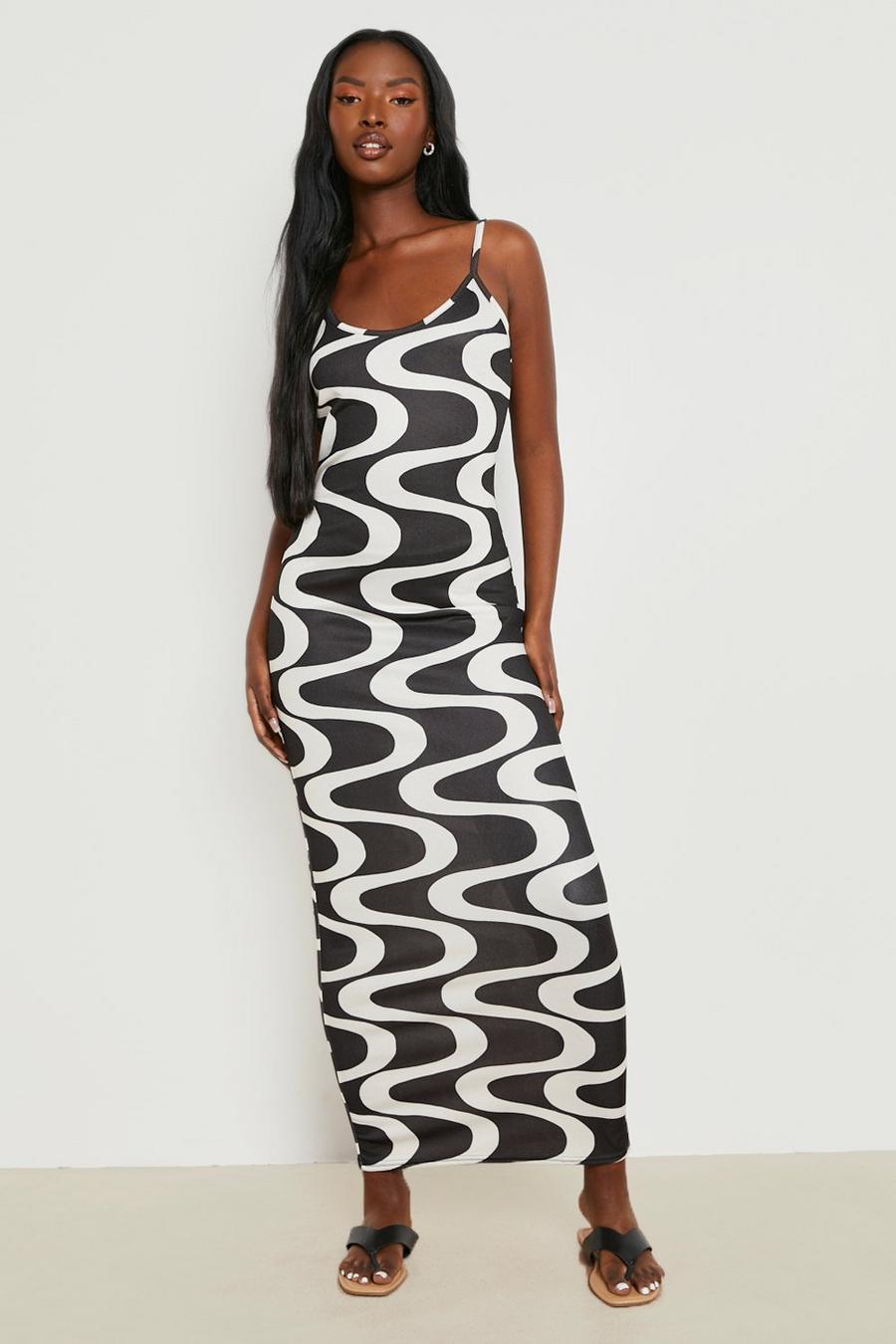 Black Wave Print Strappy Maxi Dress image number 1