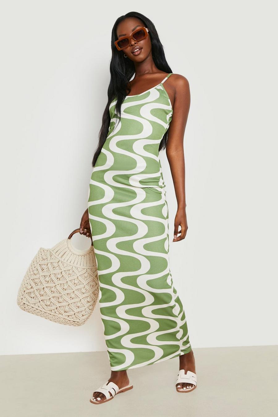 Green olive Wave Print Strappy Maxi Dress