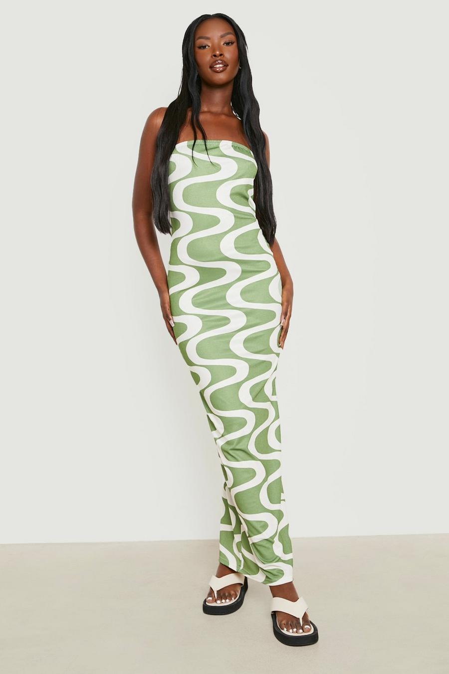 Green olive Bandeau Wave Print Maxi Dress 