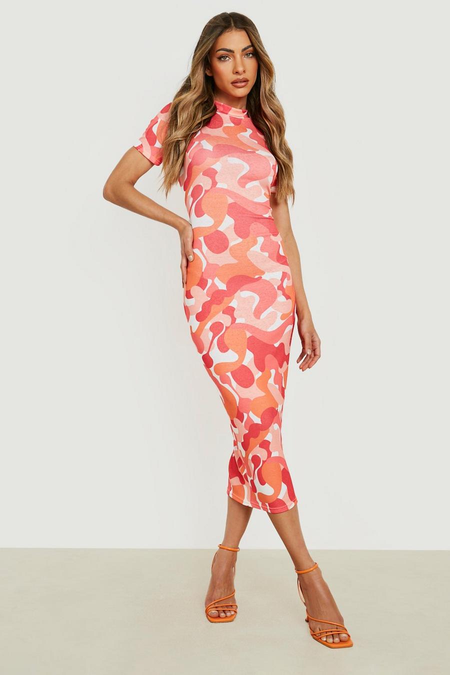 Pink Abstract Cap Sleeve Midi Dress image number 1