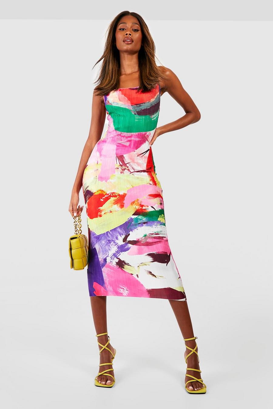 Vestido midi plisado abstracto con escote plisado, Multi multicolor