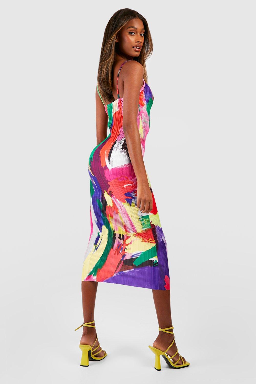 Multi Floral Abstract Plisse Bandeau Dress