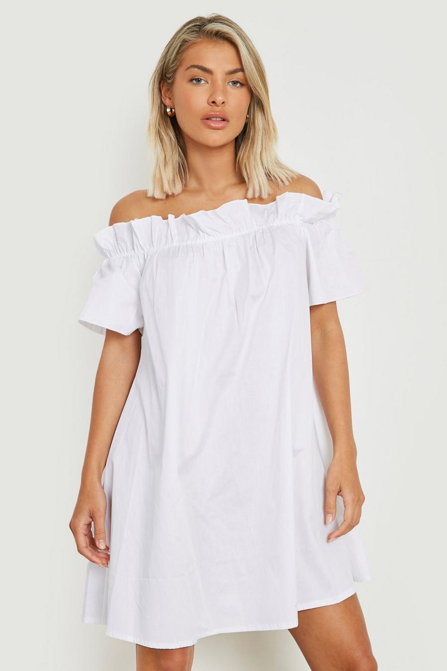 לבן שמלת קיץ סמוק חושפת כתפיים מכותנה