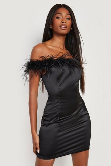 Satin Feather Mini Dress black