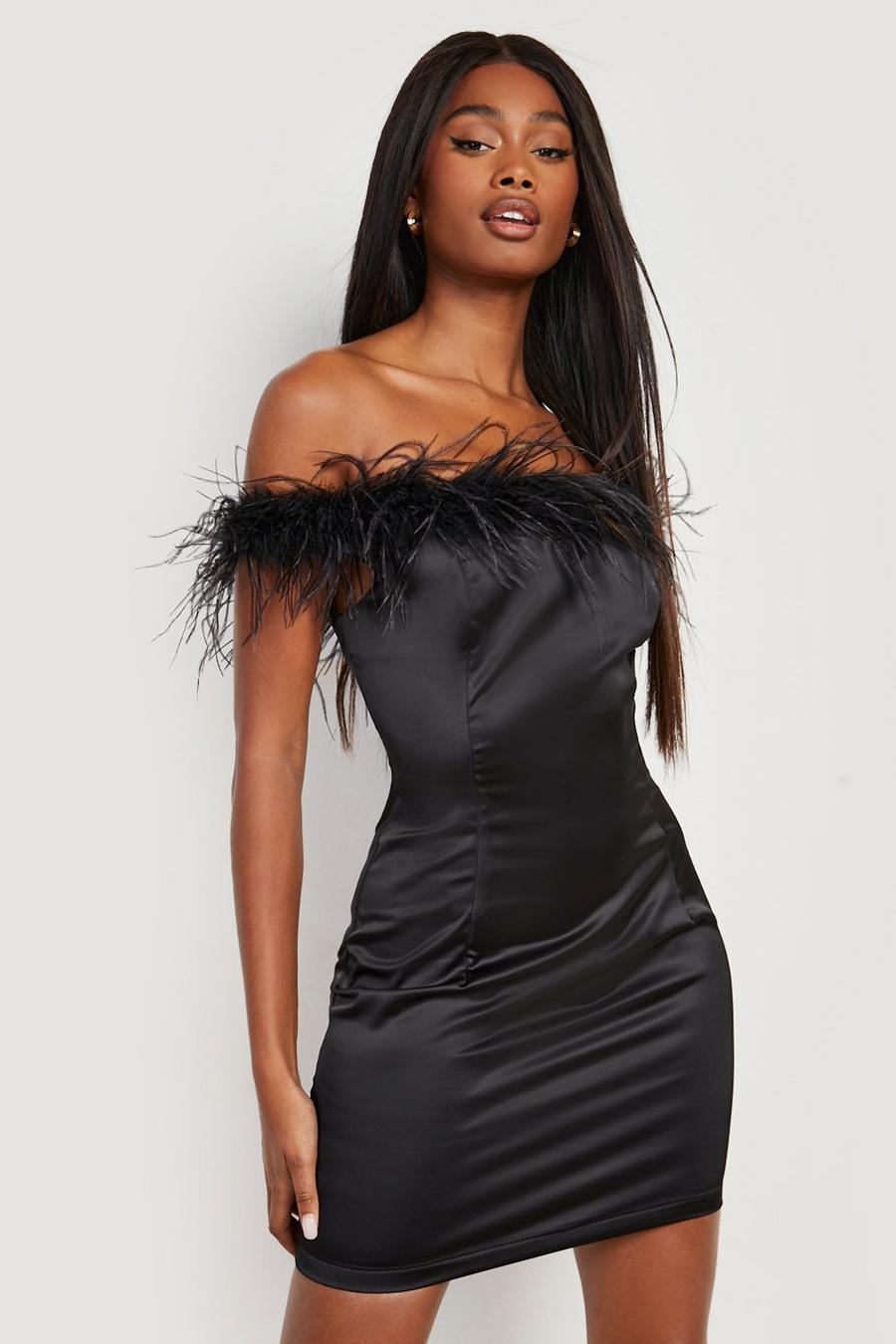 Black Satin Feather Mini Dress