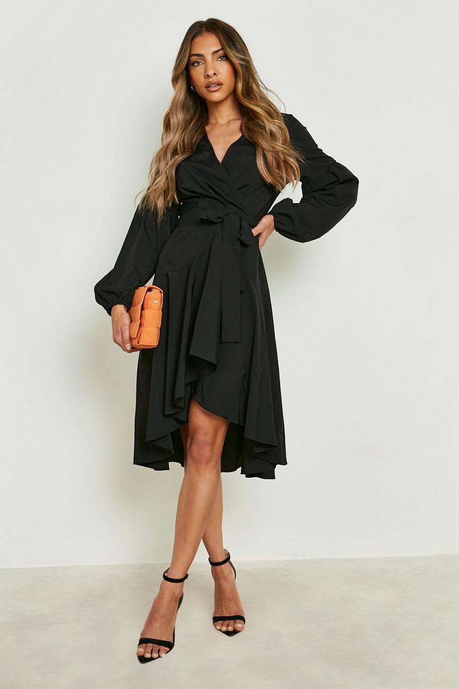 Black Tie Front Ruched Sleeve Ruffle Midi Dress