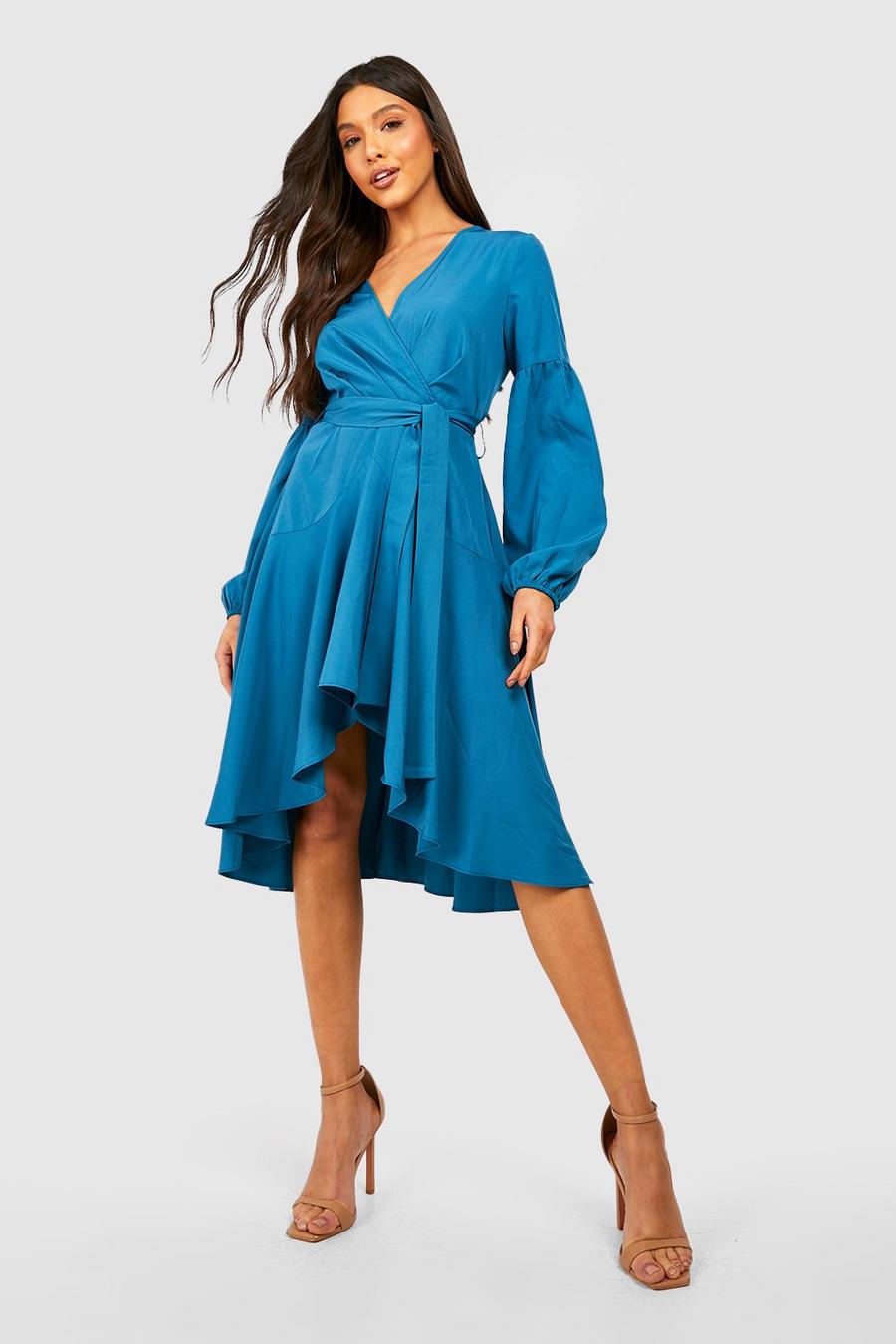 Teal Tie Front Ruched Sleeve Ruffle Midi Dress image number 1