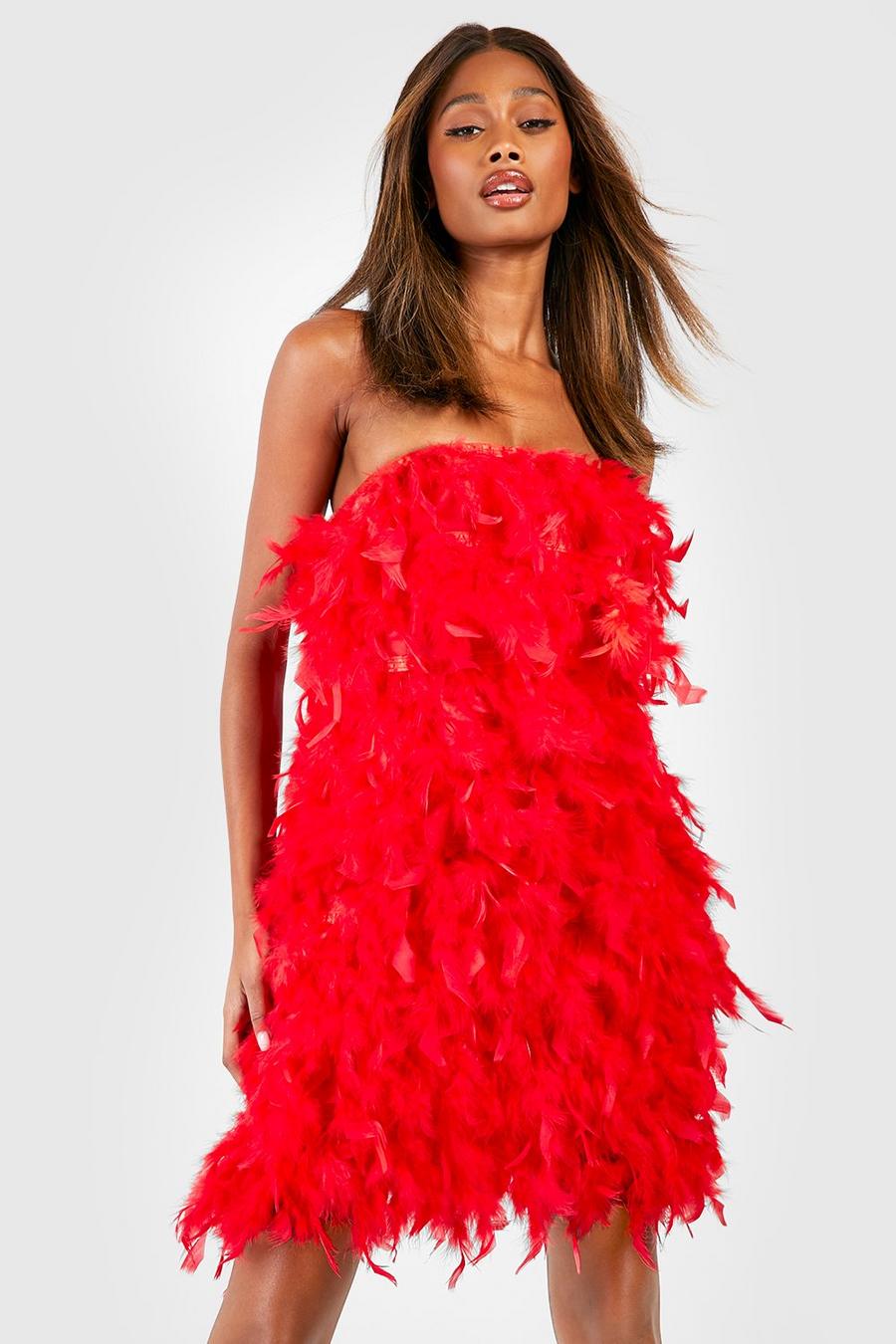 Red röd Feather Bandeau Dress  image number 1