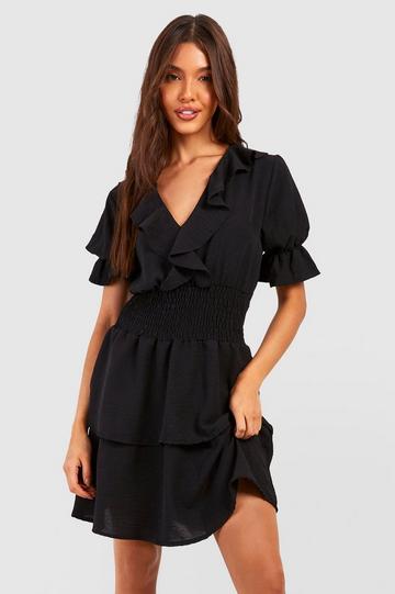 Black (Ve) Shirred Ruffle Tiered Skater Dress