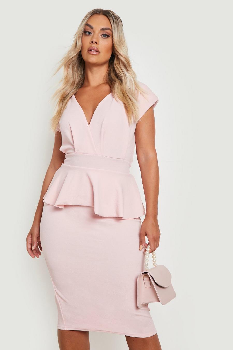 Blush pink Plus Peplum Plunge Midi Dress