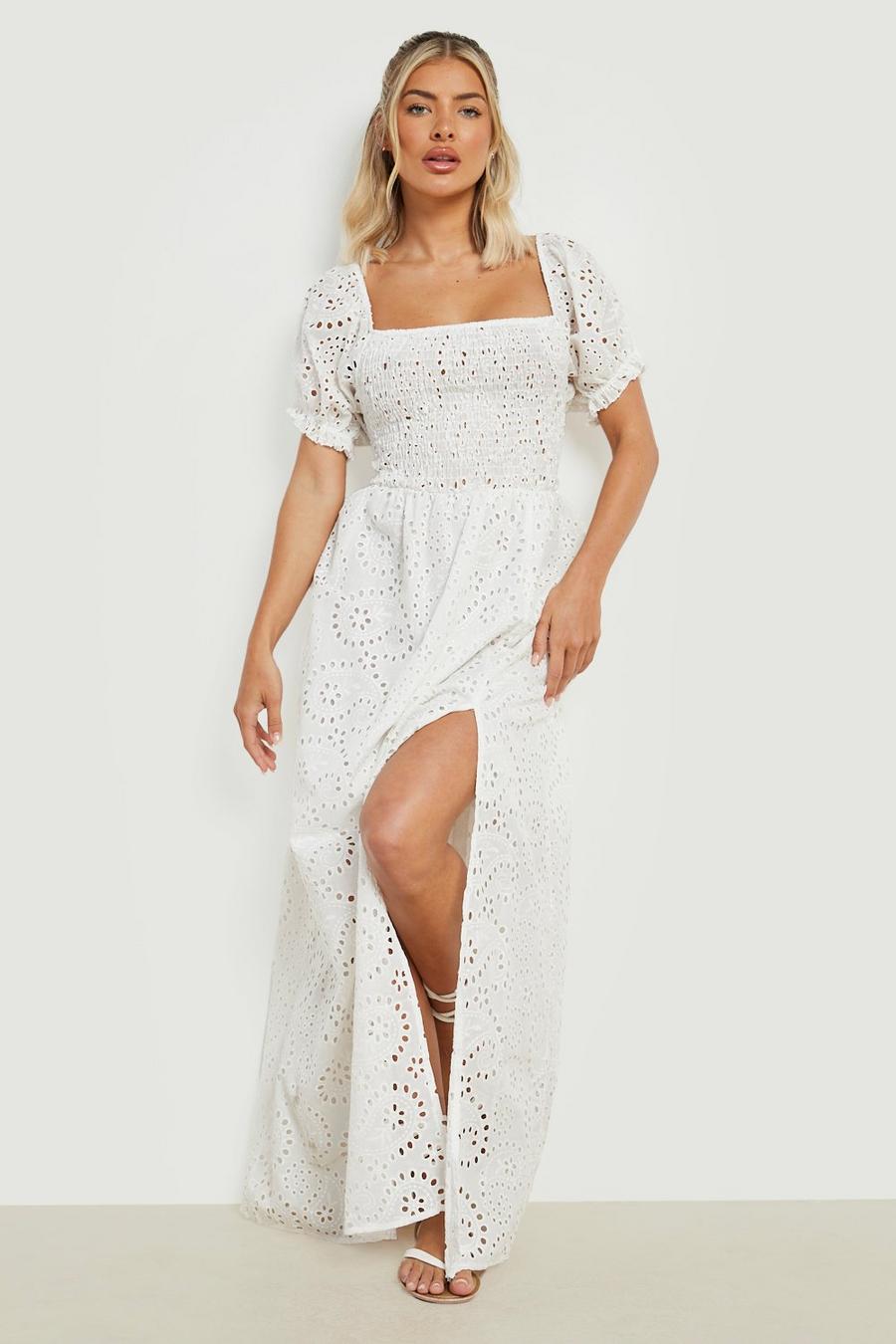 White Broderie Shirred Puff Sleeve Maxi Dress image number 1